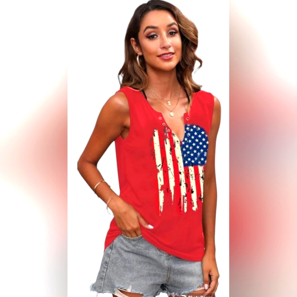 NWOT Women's Red USA Patriotic Flag Print Tank Top,Size S